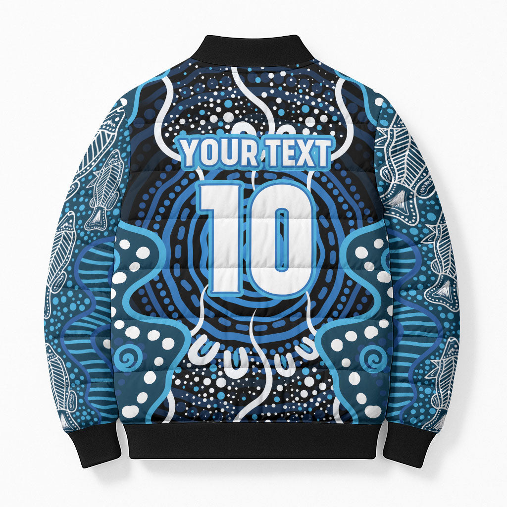 Custom Barramundi Fishing Bomber Puffer Jacket Indigenous Aboriginal Dot Art Blue Fish