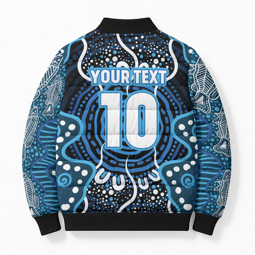 Custom Barramundi Fishing Bomber Puffer Jacket Indigenous Aboriginal Dot Art Blue Fish