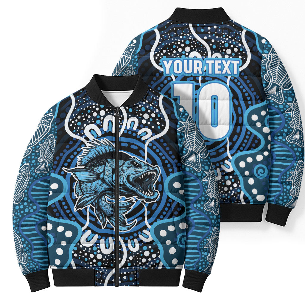 Custom Barramundi Fishing Bomber Puffer Jacket Indigenous Aboriginal Dot Art Blue Fish