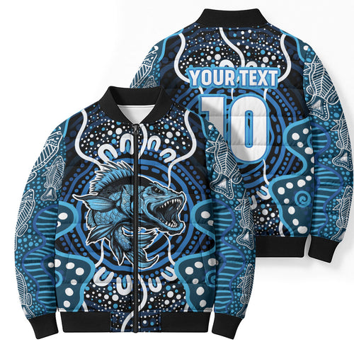 Custom Barramundi Fishing Bomber Puffer Jacket Indigenous Aboriginal Dot Art Blue Fish