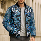 Custom Barramundi Fishing Bomber Puffer Jacket Indigenous Aboriginal Dot Art Blue Fish