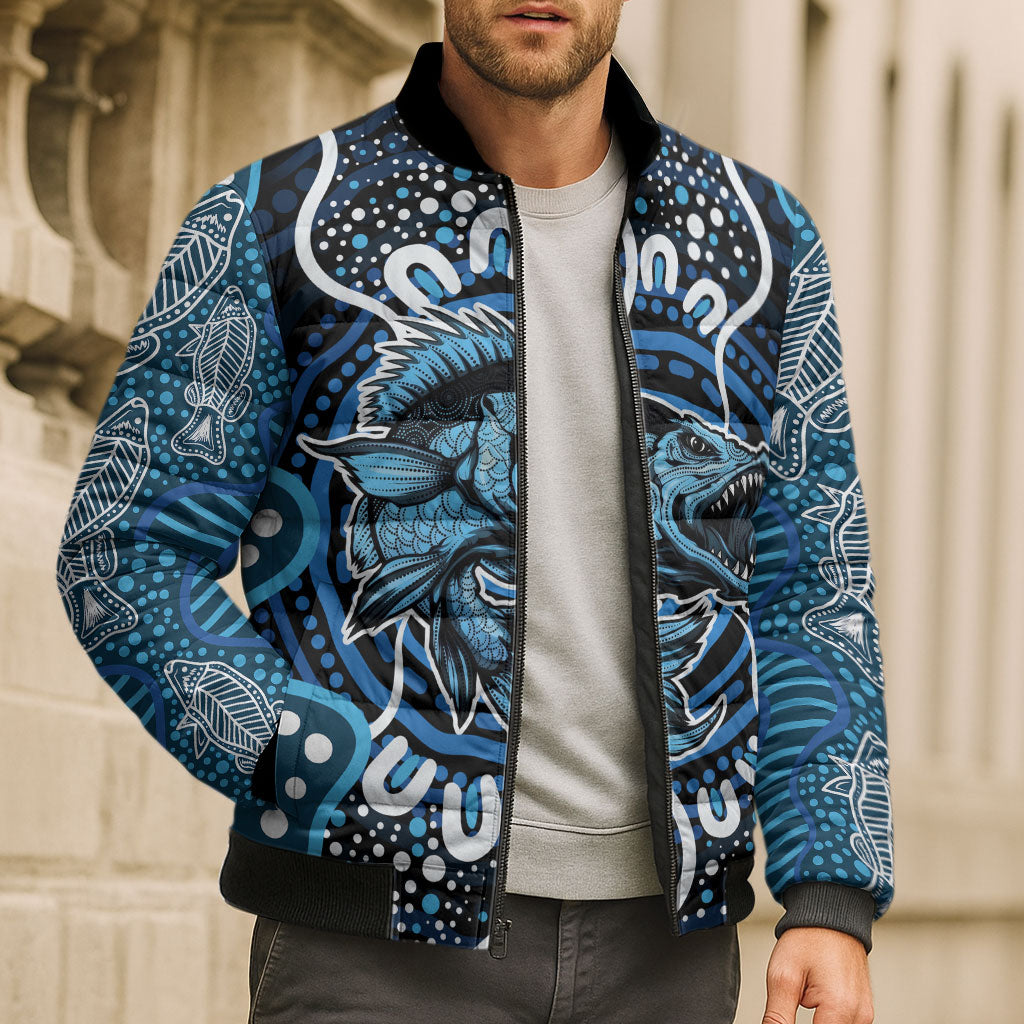 Custom Barramundi Fishing Bomber Puffer Jacket Indigenous Aboriginal Dot Art Blue Fish