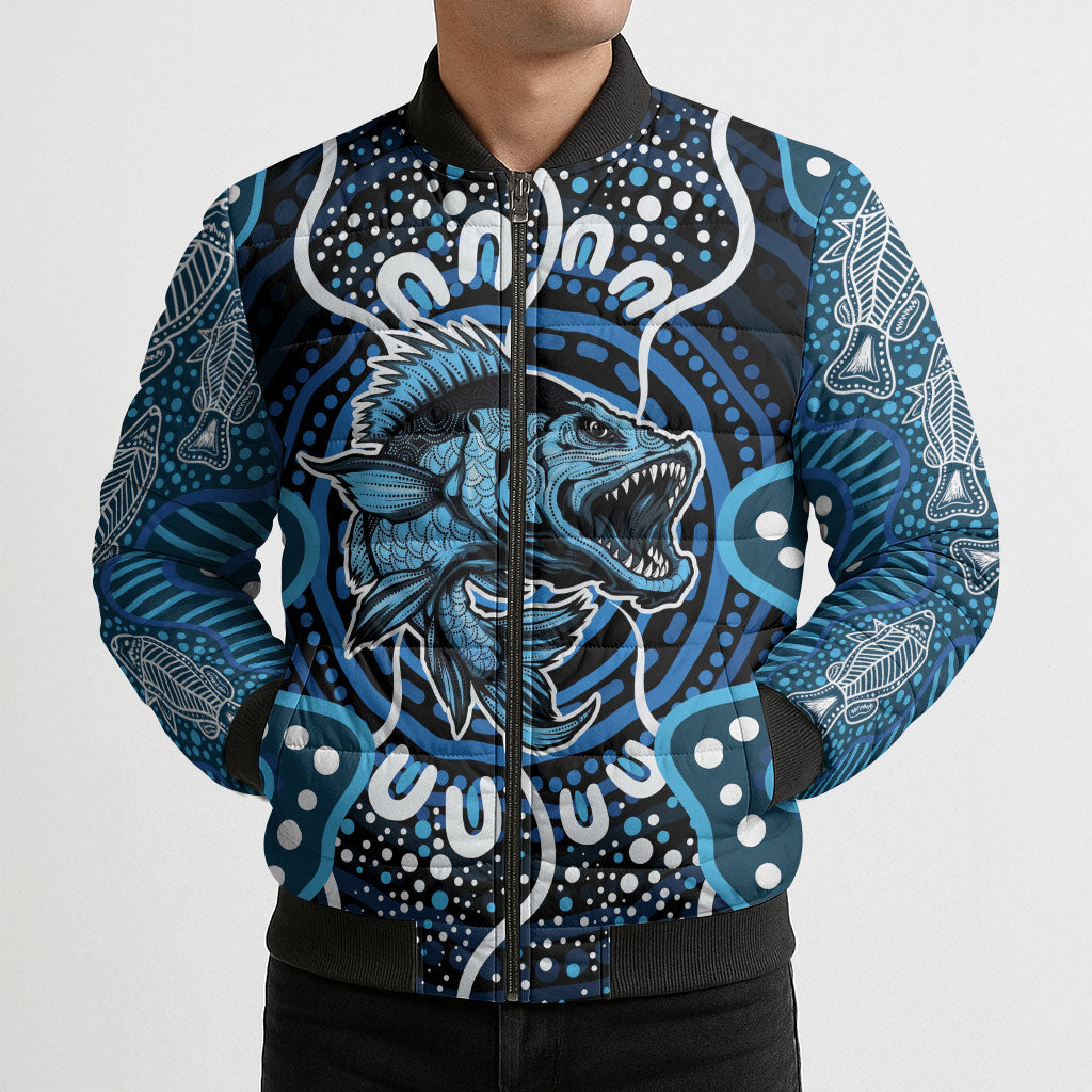 Custom Barramundi Fishing Bomber Puffer Jacket Indigenous Aboriginal Dot Art Blue Fish