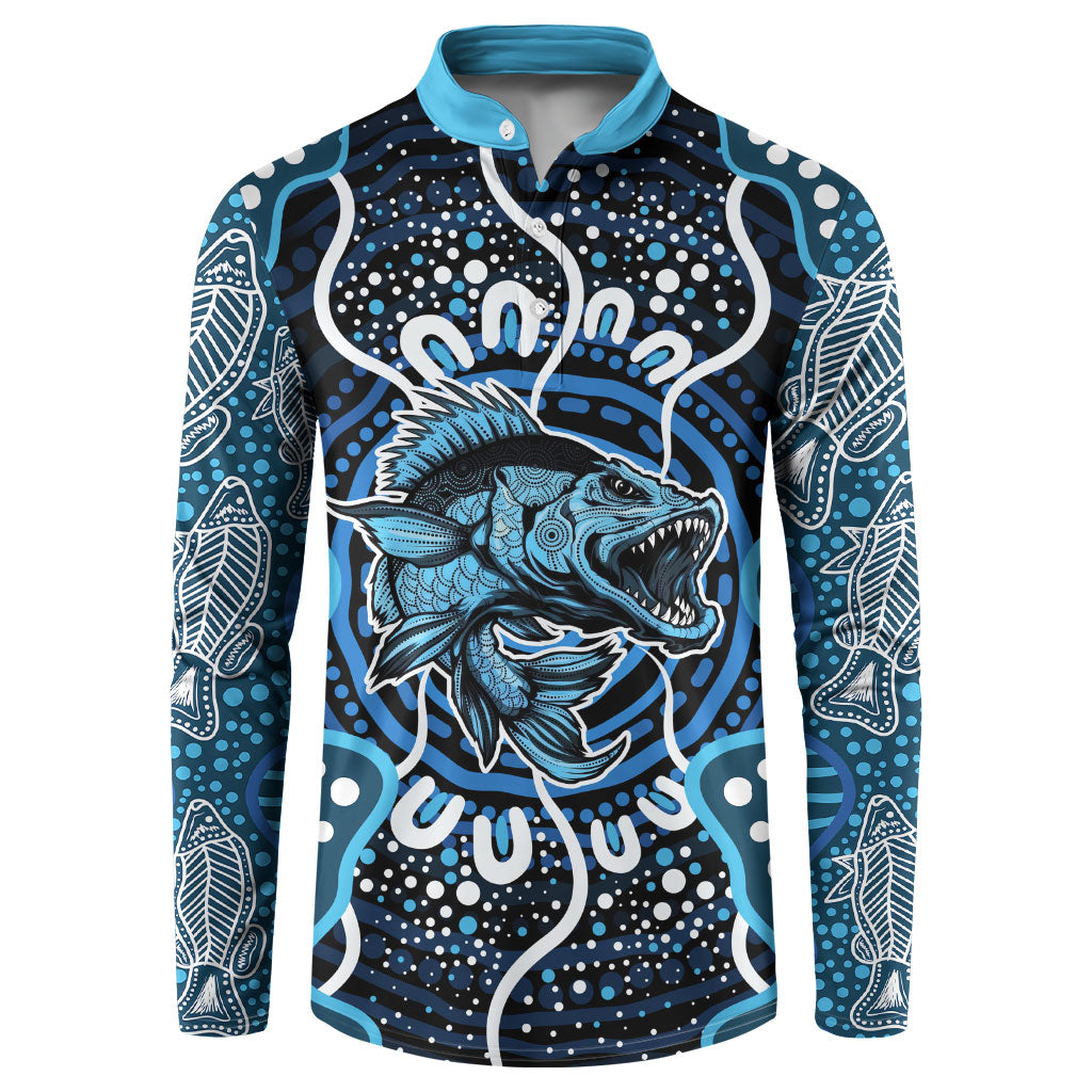 Custom Barramundi Fishing Button Sweatshirt Indigenous Aboriginal Dot Art Blue Fish