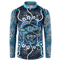 Custom Barramundi Fishing Button Sweatshirt Indigenous Aboriginal Dot Art Blue Fish