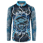 Custom Barramundi Fishing Button Sweatshirt Indigenous Aboriginal Dot Art Blue Fish