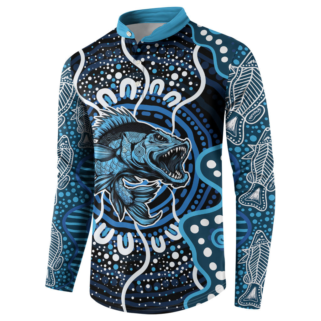Custom Barramundi Fishing Button Sweatshirt Indigenous Aboriginal Dot Art Blue Fish