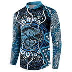 Custom Barramundi Fishing Button Sweatshirt Indigenous Aboriginal Dot Art Blue Fish