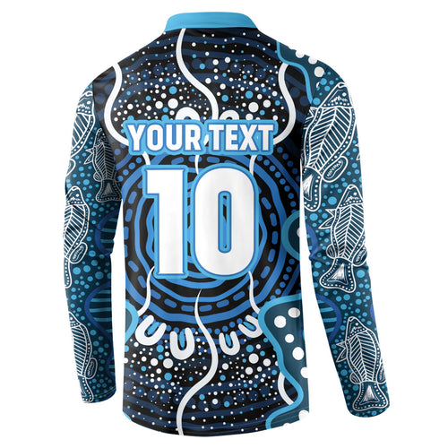 Custom Barramundi Fishing Button Sweatshirt Indigenous Aboriginal Dot Art Blue Fish
