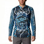 Custom Barramundi Fishing Button Sweatshirt Indigenous Aboriginal Dot Art Blue Fish