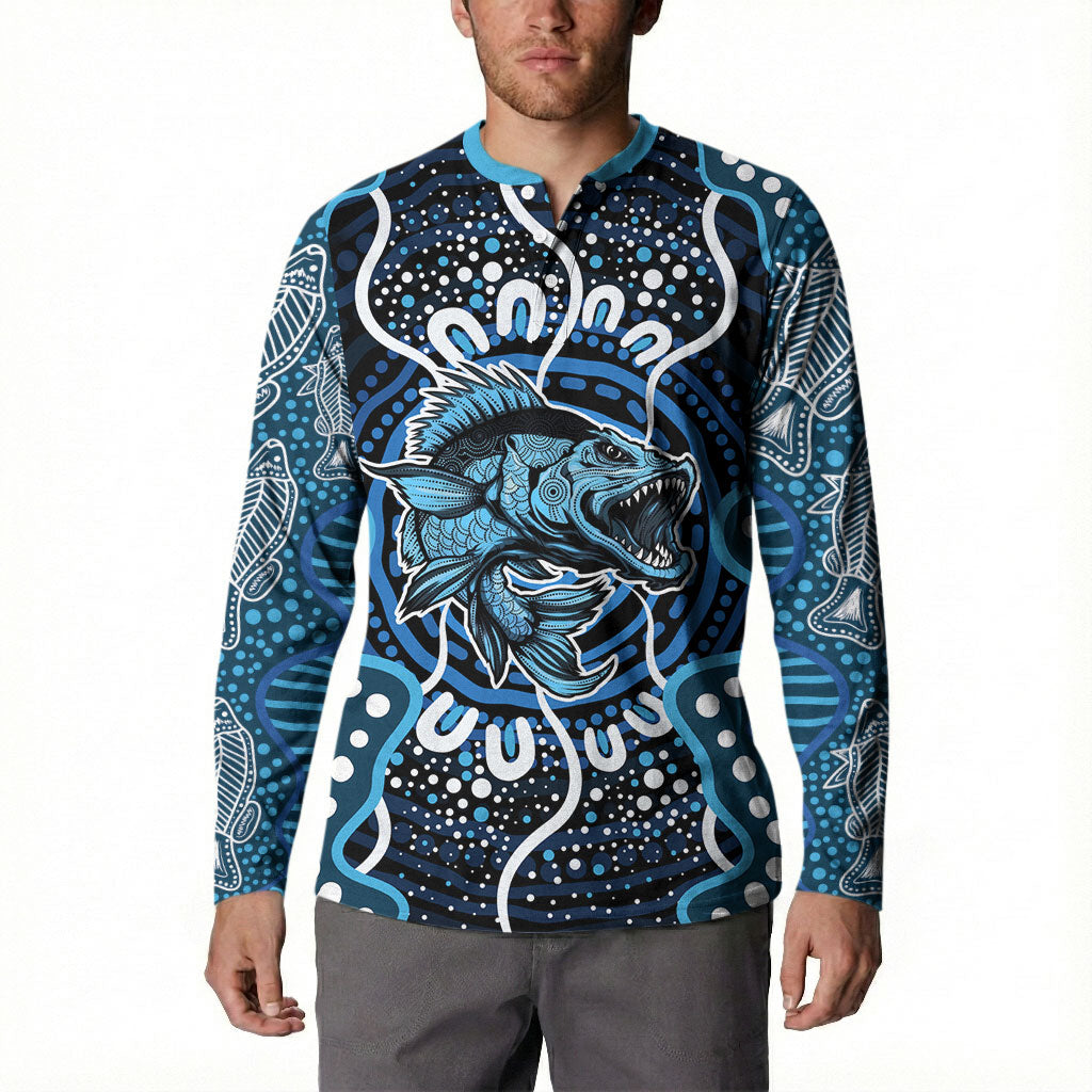 Custom Barramundi Fishing Button Sweatshirt Indigenous Aboriginal Dot Art Blue Fish