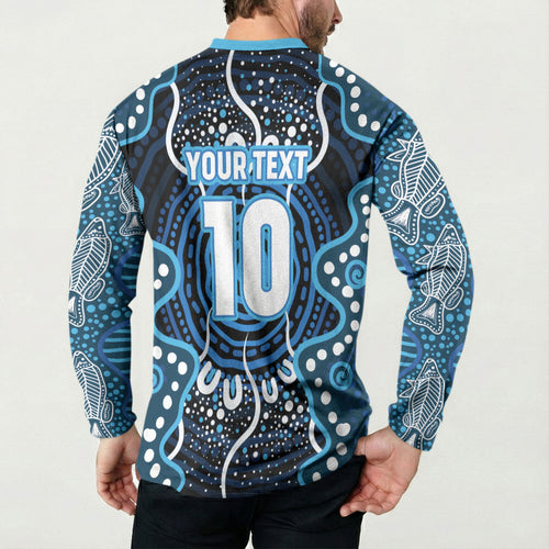 Custom Barramundi Fishing Button Sweatshirt Indigenous Aboriginal Dot Art Blue Fish