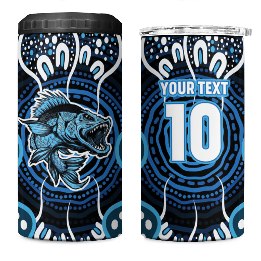 Custom Barramundi Fishing 4 in 1 Can Cooler Tumbler Indigenous Aboriginal Dot Art Blue Fish