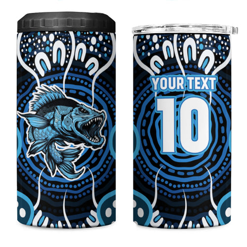 Custom Barramundi Fishing 4 in 1 Can Cooler Tumbler Indigenous Aboriginal Dot Art Blue Fish