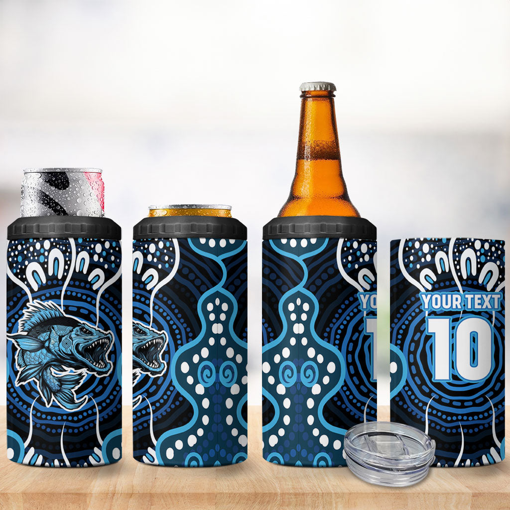 Custom Barramundi Fishing 4 in 1 Can Cooler Tumbler Indigenous Aboriginal Dot Art Blue Fish