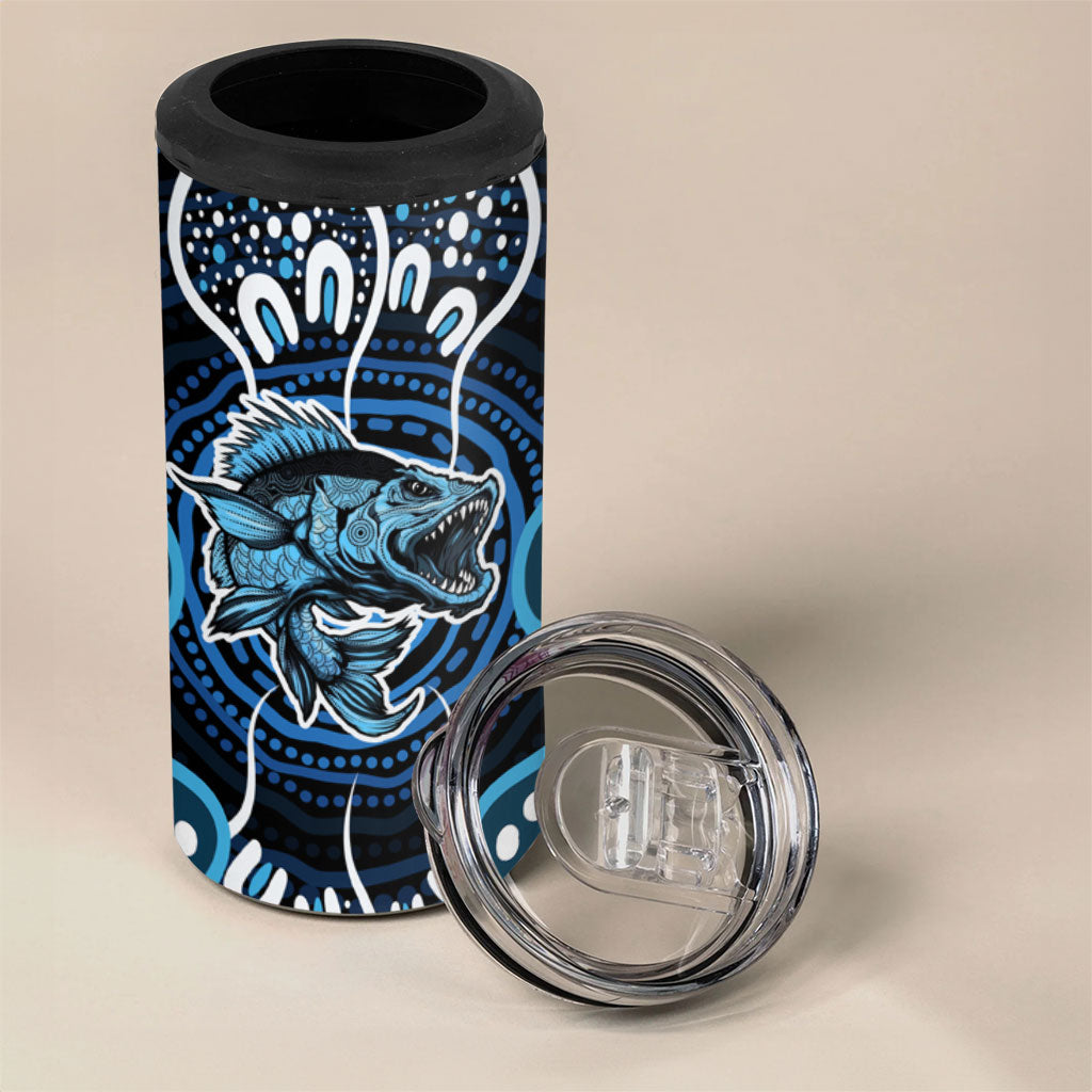 Custom Barramundi Fishing 4 in 1 Can Cooler Tumbler Indigenous Aboriginal Dot Art Blue Fish
