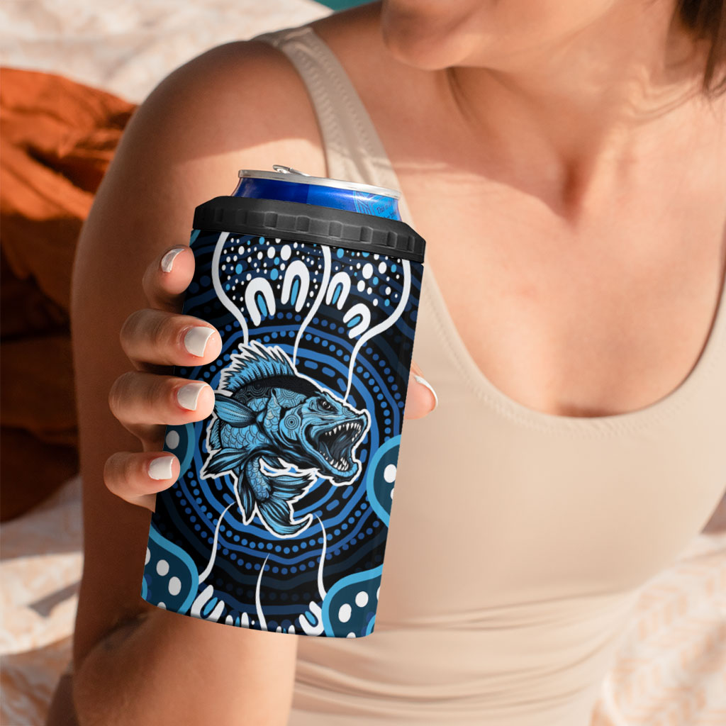 Custom Barramundi Fishing 4 in 1 Can Cooler Tumbler Indigenous Aboriginal Dot Art Blue Fish
