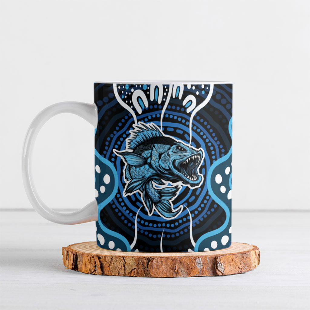 Custom Barramundi Fishing Ceramic Mug Indigenous Aboriginal Dot Art Blue Fish