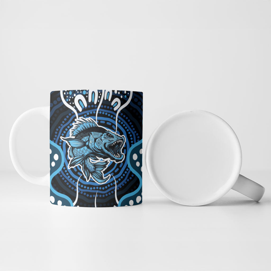 Custom Barramundi Fishing Ceramic Mug Indigenous Aboriginal Dot Art Blue Fish