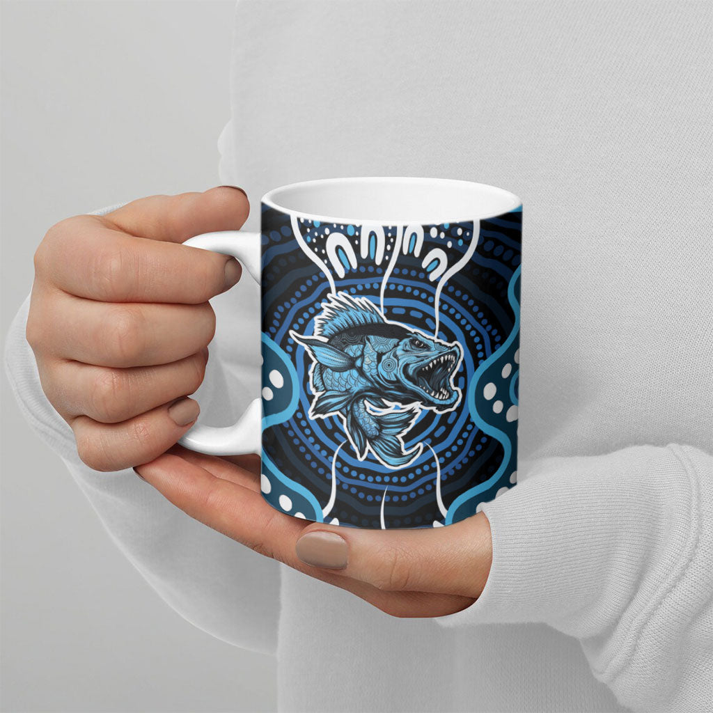 Custom Barramundi Fishing Ceramic Mug Indigenous Aboriginal Dot Art Blue Fish