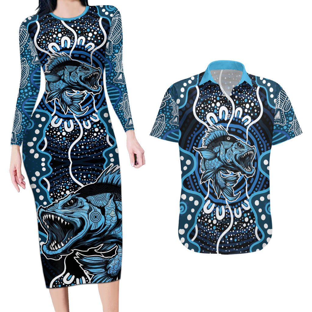 Custom Barramundi Fishing Couples Matching Long Sleeve Bodycon Dress and Hawaiian Shirt Indigenous Aboriginal Dot Art Blue Fish