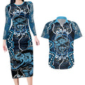 Custom Barramundi Fishing Couples Matching Long Sleeve Bodycon Dress and Hawaiian Shirt Indigenous Aboriginal Dot Art Blue Fish
