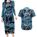 Custom Barramundi Fishing Couples Matching Long Sleeve Bodycon Dress and Hawaiian Shirt Indigenous Aboriginal Dot Art Blue Fish