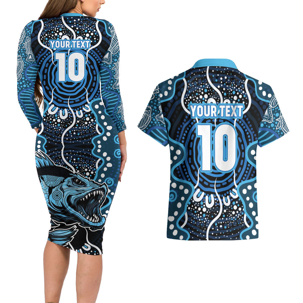 Custom Barramundi Fishing Couples Matching Long Sleeve Bodycon Dress and Hawaiian Shirt Indigenous Aboriginal Dot Art Blue Fish