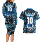 Custom Barramundi Fishing Couples Matching Long Sleeve Bodycon Dress and Hawaiian Shirt Indigenous Aboriginal Dot Art Blue Fish