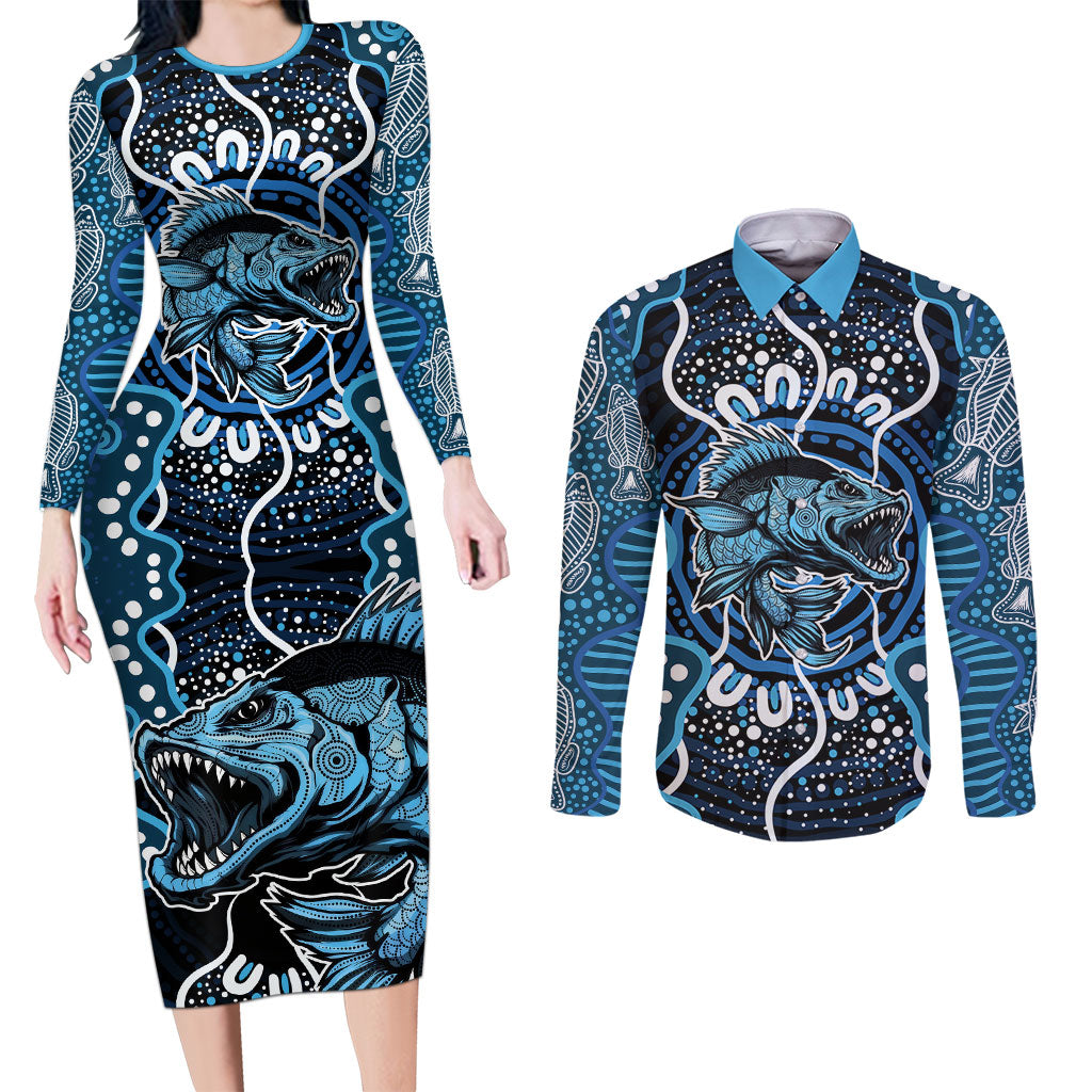 Custom Barramundi Fishing Couples Matching Long Sleeve Bodycon Dress and Long Sleeve Button Shirt Indigenous Aboriginal Dot Art Blue Fish