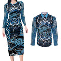 Custom Barramundi Fishing Couples Matching Long Sleeve Bodycon Dress and Long Sleeve Button Shirt Indigenous Aboriginal Dot Art Blue Fish