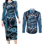 Custom Barramundi Fishing Couples Matching Long Sleeve Bodycon Dress and Long Sleeve Button Shirt Indigenous Aboriginal Dot Art Blue Fish