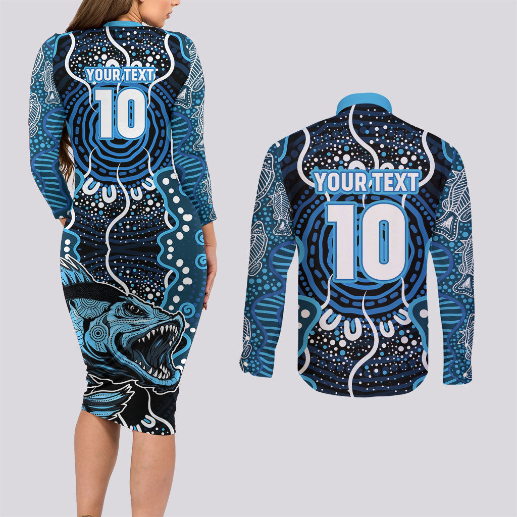 Custom Barramundi Fishing Couples Matching Long Sleeve Bodycon Dress and Long Sleeve Button Shirt Indigenous Aboriginal Dot Art Blue Fish