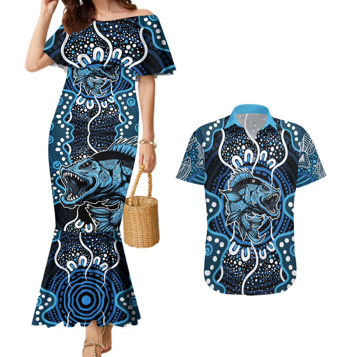 Custom Barramundi Fishing Couples Matching Mermaid Dress and Hawaiian Shirt Indigenous Aboriginal Dot Art Blue Fish