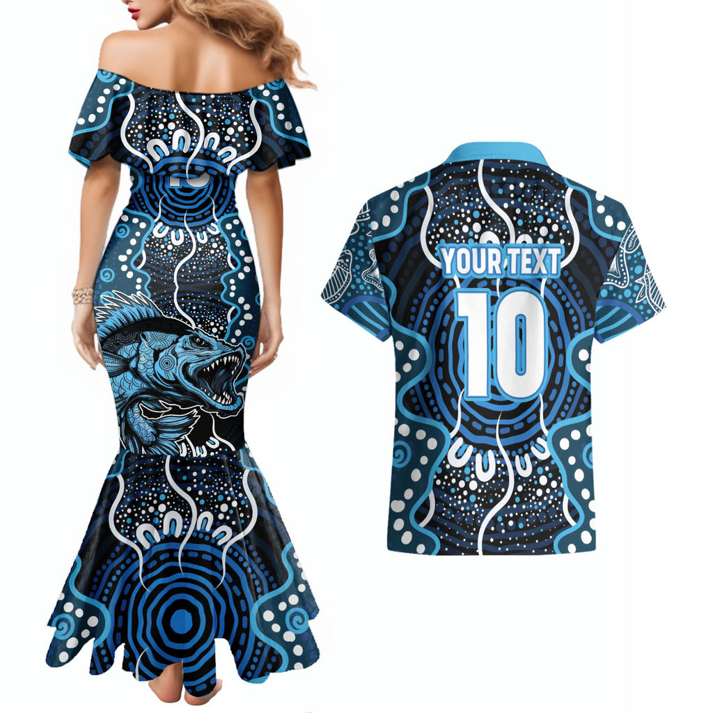 Custom Barramundi Fishing Couples Matching Mermaid Dress and Hawaiian Shirt Indigenous Aboriginal Dot Art Blue Fish