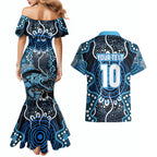 Custom Barramundi Fishing Couples Matching Mermaid Dress and Hawaiian Shirt Indigenous Aboriginal Dot Art Blue Fish
