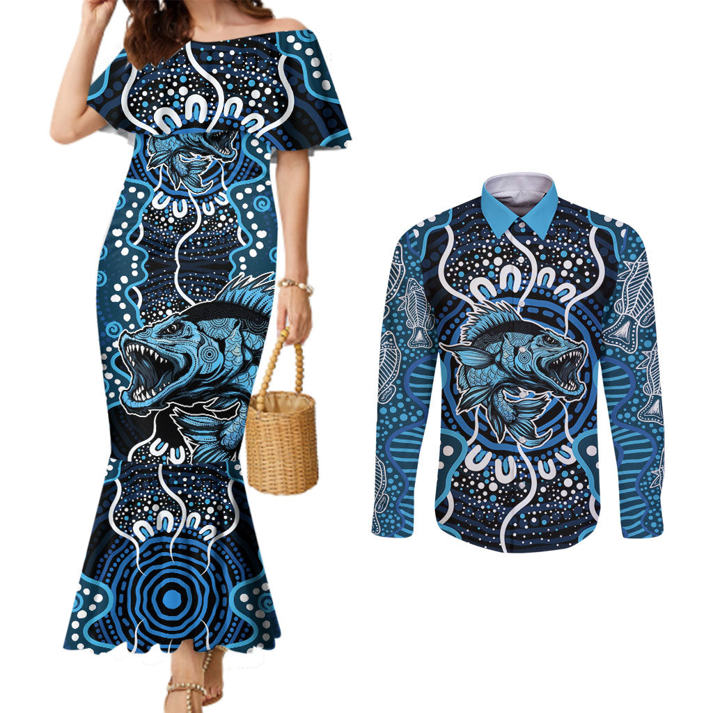 Custom Barramundi Fishing Couples Matching Mermaid Dress and Long Sleeve Button Shirt Indigenous Aboriginal Dot Art Blue Fish