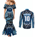 Custom Barramundi Fishing Couples Matching Mermaid Dress and Long Sleeve Button Shirt Indigenous Aboriginal Dot Art Blue Fish