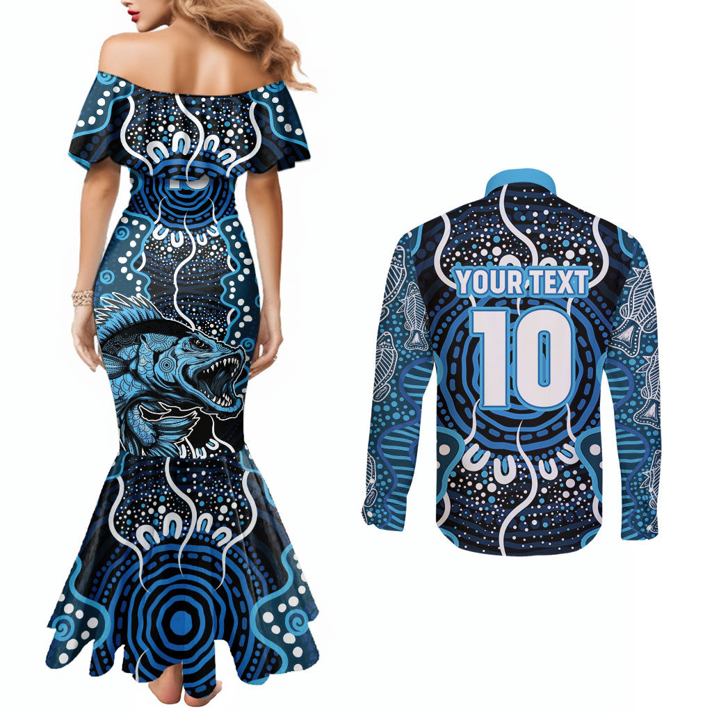 Custom Barramundi Fishing Couples Matching Mermaid Dress and Long Sleeve Button Shirt Indigenous Aboriginal Dot Art Blue Fish
