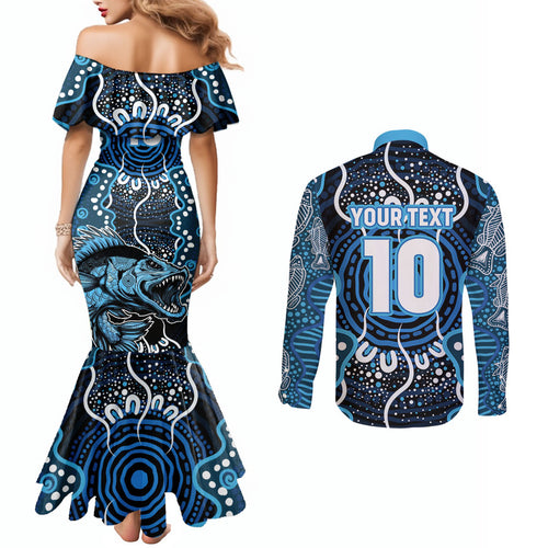Custom Barramundi Fishing Couples Matching Mermaid Dress and Long Sleeve Button Shirt Indigenous Aboriginal Dot Art Blue Fish