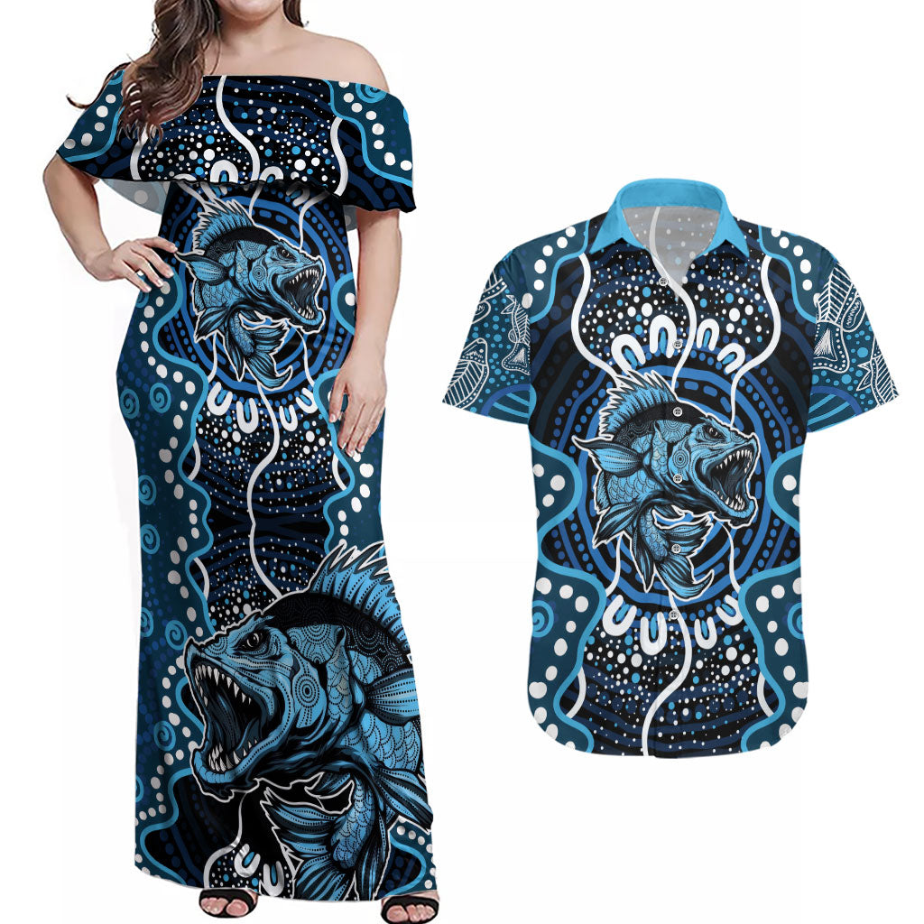 Custom Barramundi Fishing Couples Matching Off Shoulder Maxi Dress and Hawaiian Shirt Indigenous Aboriginal Dot Art Blue Fish