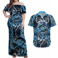 Custom Barramundi Fishing Couples Matching Off Shoulder Maxi Dress and Hawaiian Shirt Indigenous Aboriginal Dot Art Blue Fish