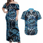 Custom Barramundi Fishing Couples Matching Off Shoulder Maxi Dress and Hawaiian Shirt Indigenous Aboriginal Dot Art Blue Fish
