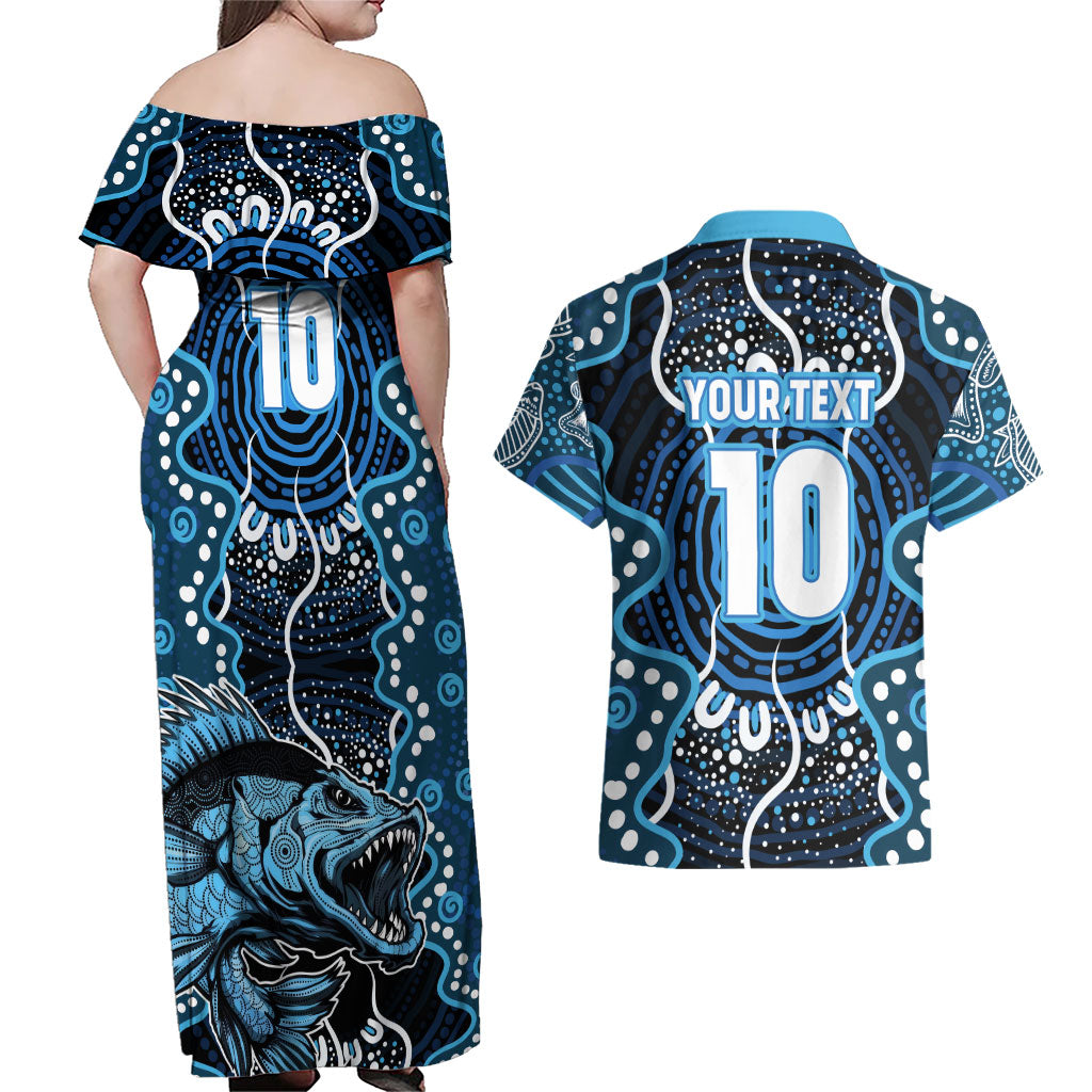 Custom Barramundi Fishing Couples Matching Off Shoulder Maxi Dress and Hawaiian Shirt Indigenous Aboriginal Dot Art Blue Fish