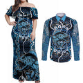 Custom Barramundi Fishing Couples Matching Off Shoulder Maxi Dress and Long Sleeve Button Shirt Indigenous Aboriginal Dot Art Blue Fish