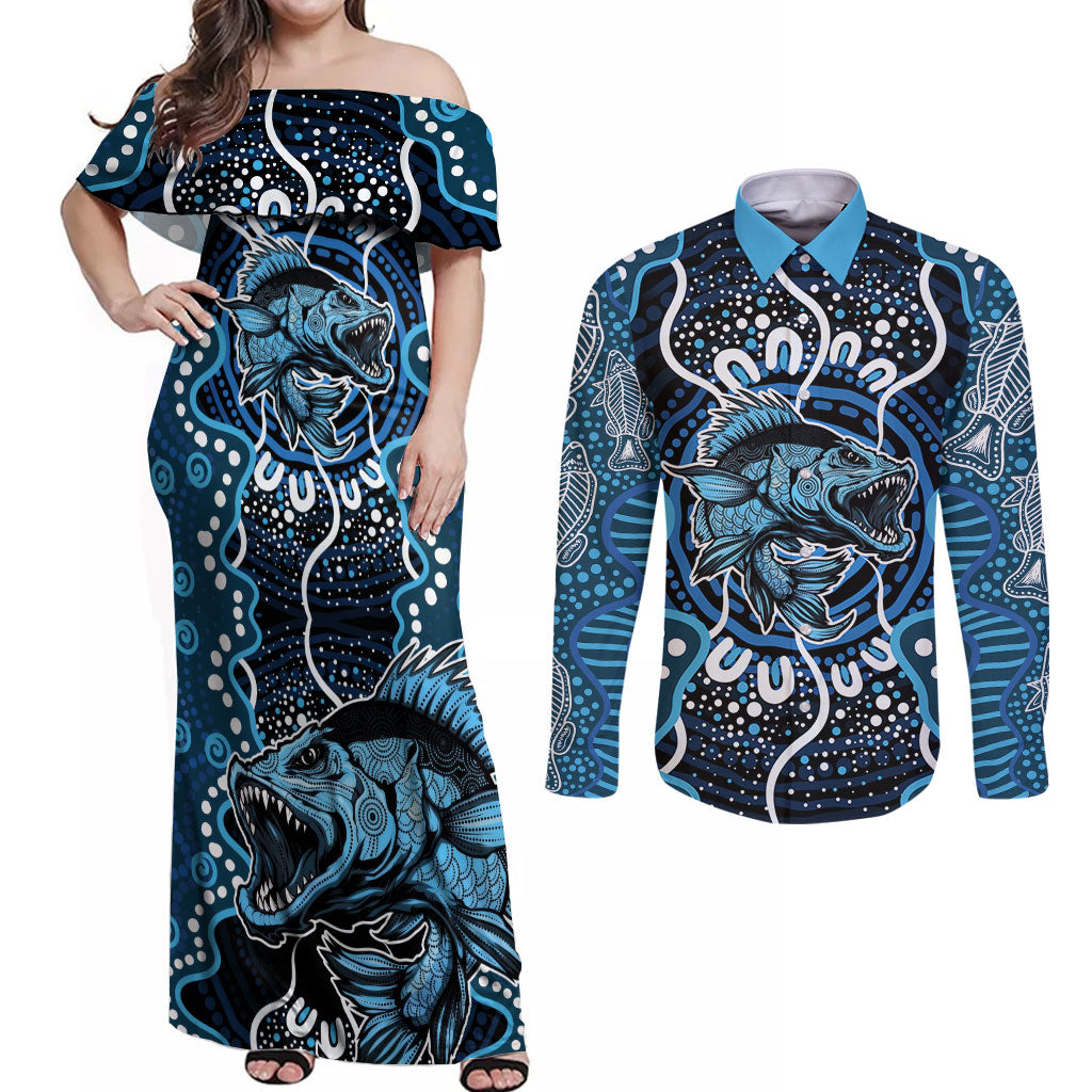 Custom Barramundi Fishing Couples Matching Off Shoulder Maxi Dress and Long Sleeve Button Shirt Indigenous Aboriginal Dot Art Blue Fish