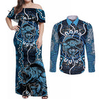 Custom Barramundi Fishing Couples Matching Off Shoulder Maxi Dress and Long Sleeve Button Shirt Indigenous Aboriginal Dot Art Blue Fish