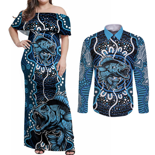 Custom Barramundi Fishing Couples Matching Off Shoulder Maxi Dress and Long Sleeve Button Shirt Indigenous Aboriginal Dot Art Blue Fish