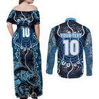 Custom Barramundi Fishing Couples Matching Off Shoulder Maxi Dress and Long Sleeve Button Shirt Indigenous Aboriginal Dot Art Blue Fish