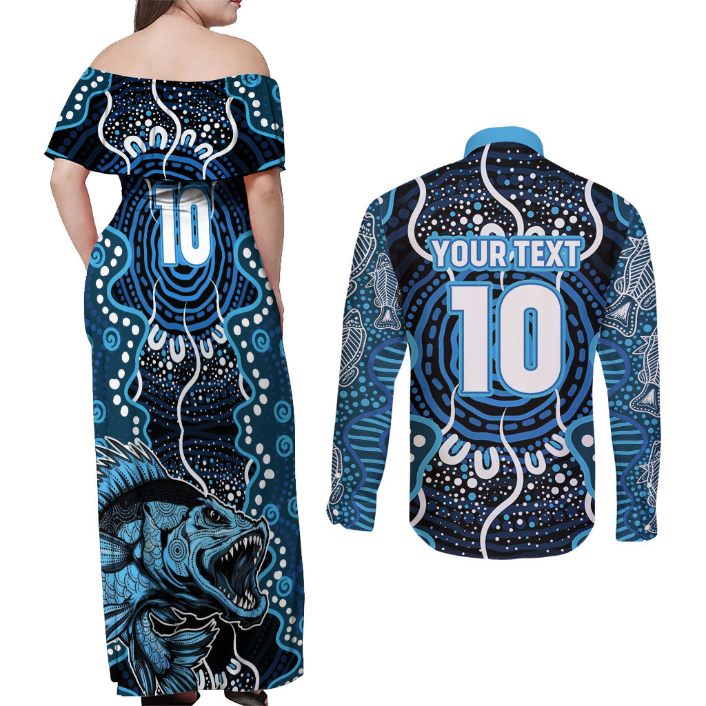 Custom Barramundi Fishing Couples Matching Off Shoulder Maxi Dress and Long Sleeve Button Shirt Indigenous Aboriginal Dot Art Blue Fish